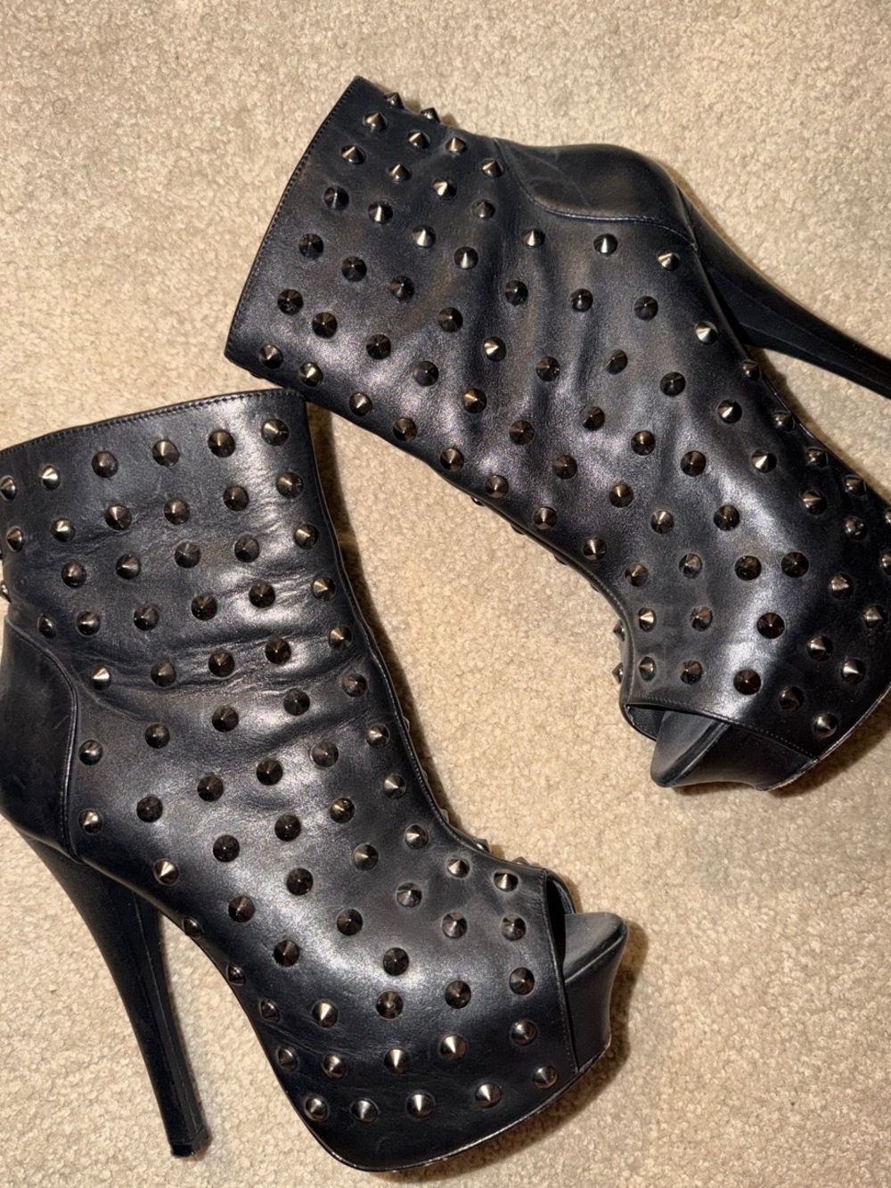 Rock & Republic Black Studded Peep-Toe Leather Ankle Boots